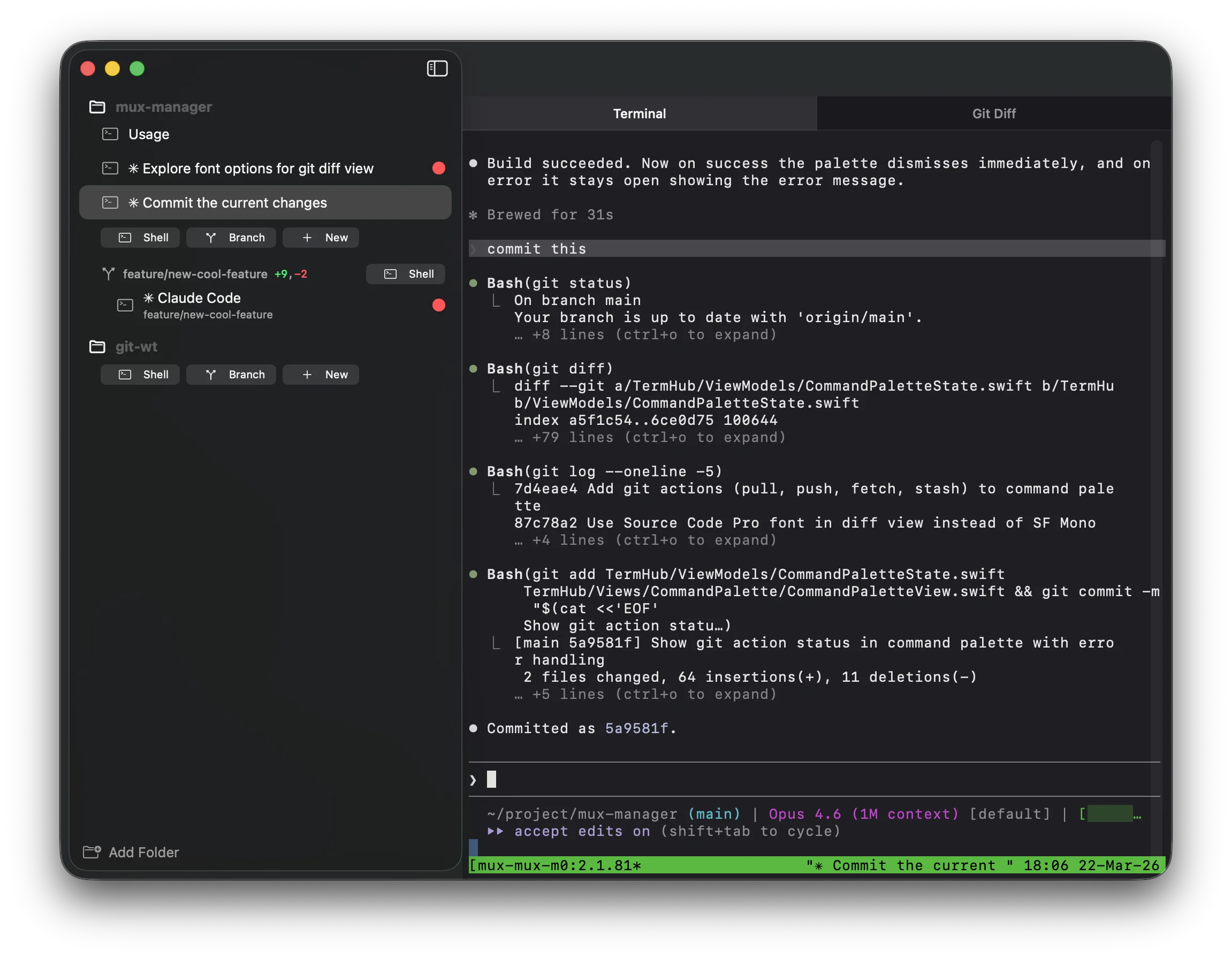 Screenshot of TermHub showing the terminal session manager with sidebar and integrated terminal